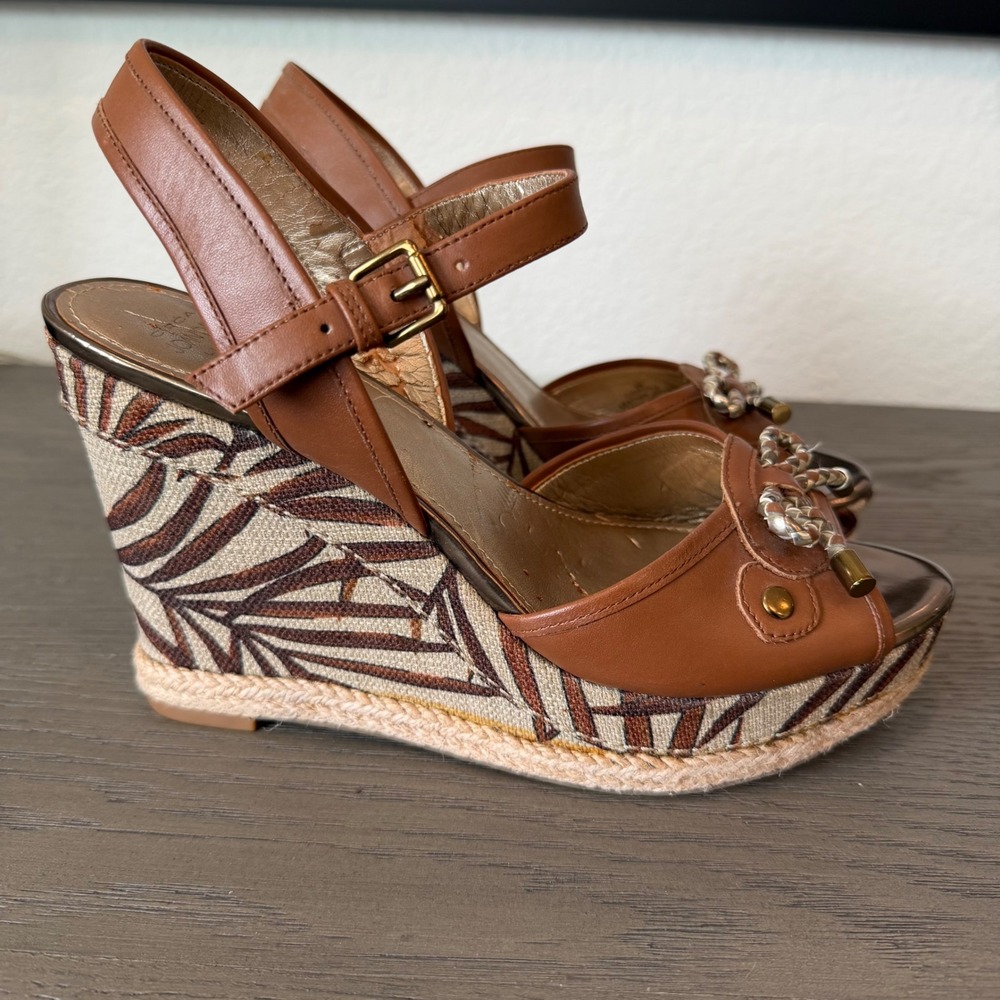 Circa Joan & David Luxe Brown Leather Palm Print Wedge Espadrille Sandals